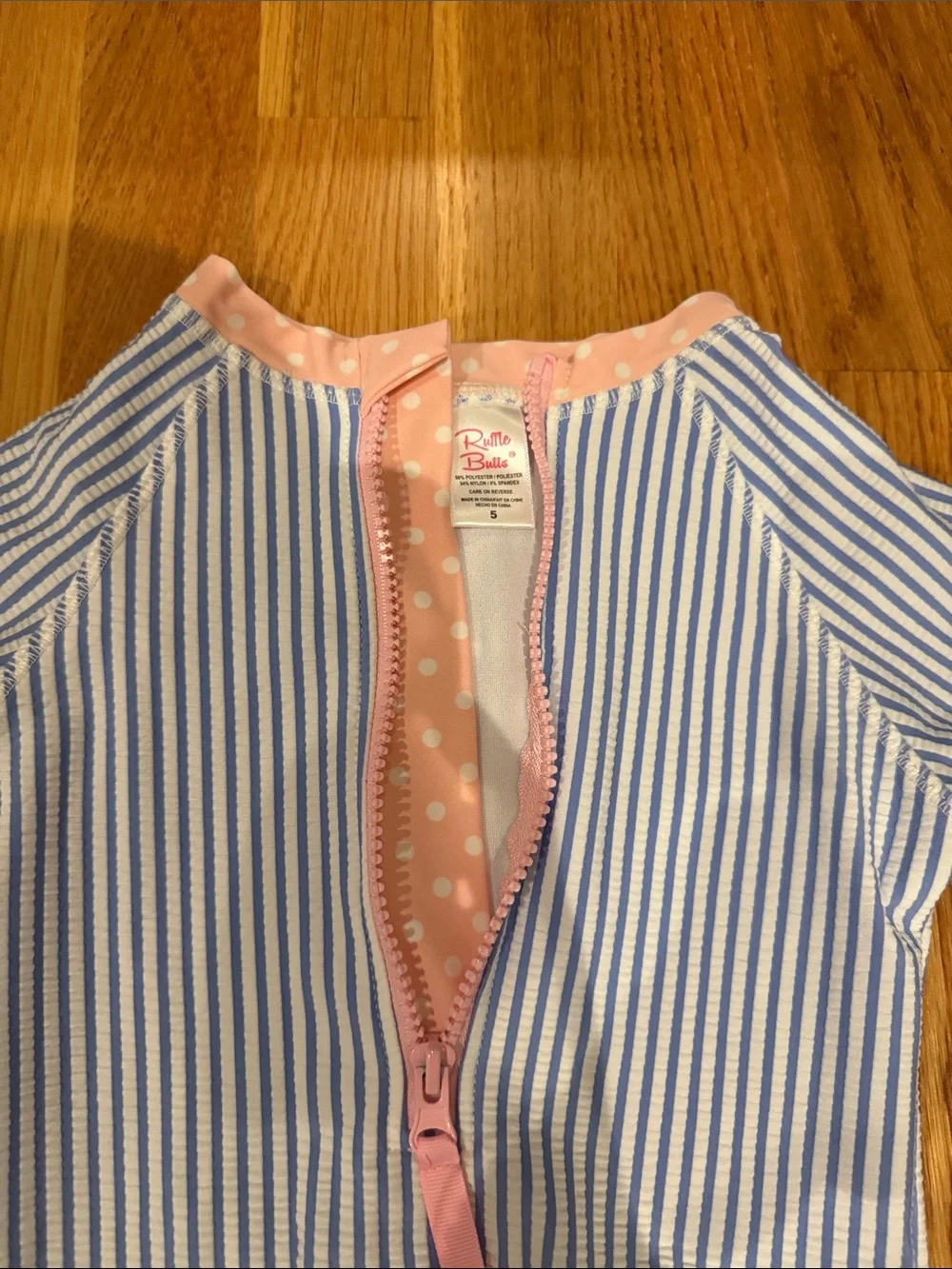 Ruffle Butts Blue and Pink Striped Long-Sleeve One-Piece Swimsuit